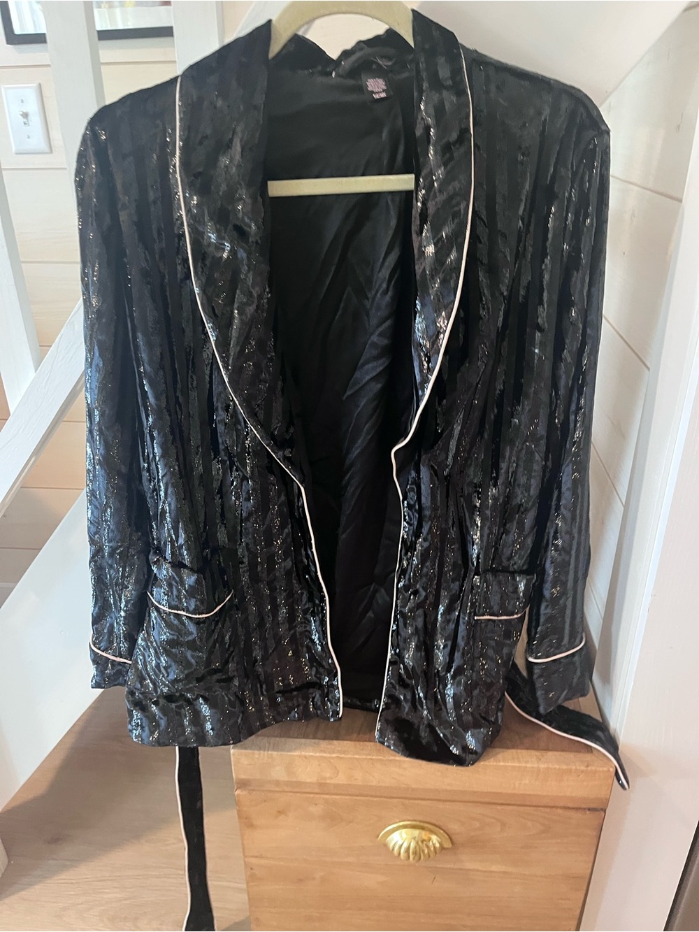 Victoria's Secret Black Velvet Shimmer Smoking Jacket with Cream Piping